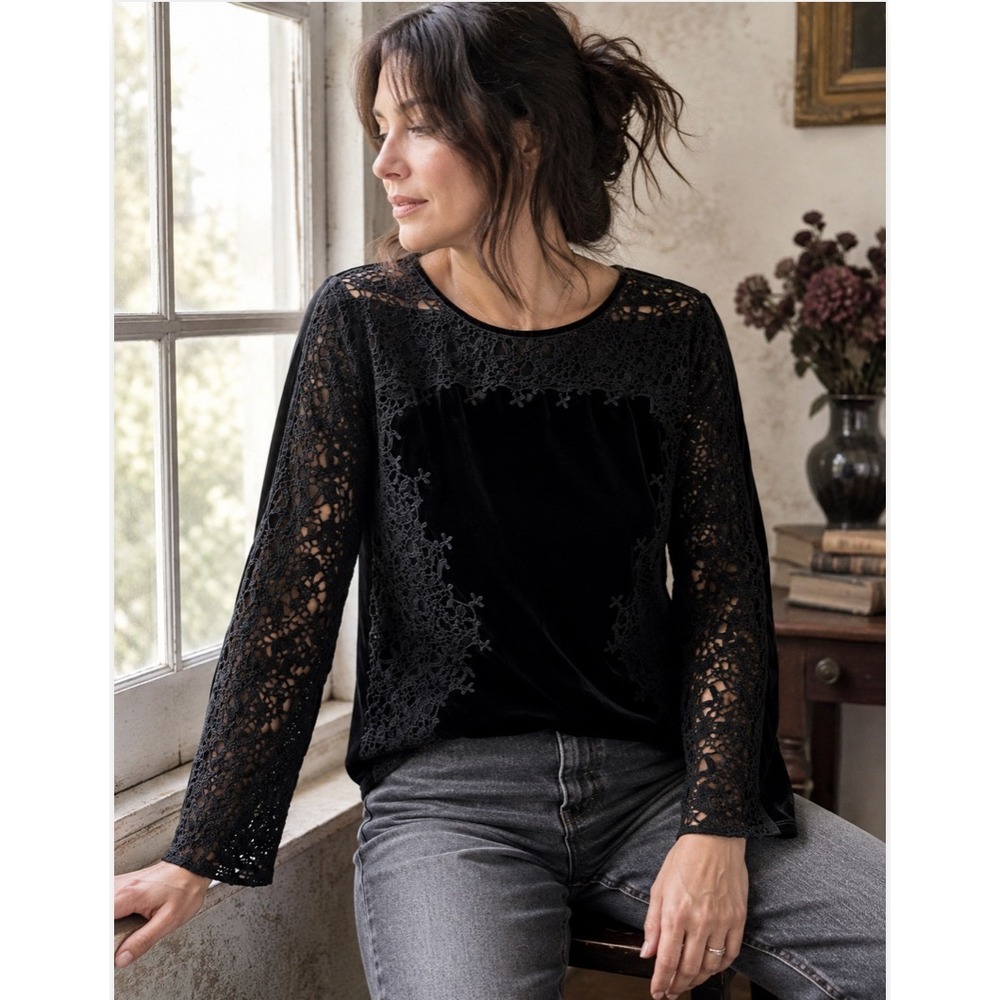 Sundance Lily Paramour Black Velvet Crochet Lace Top Size S Whimsigoth